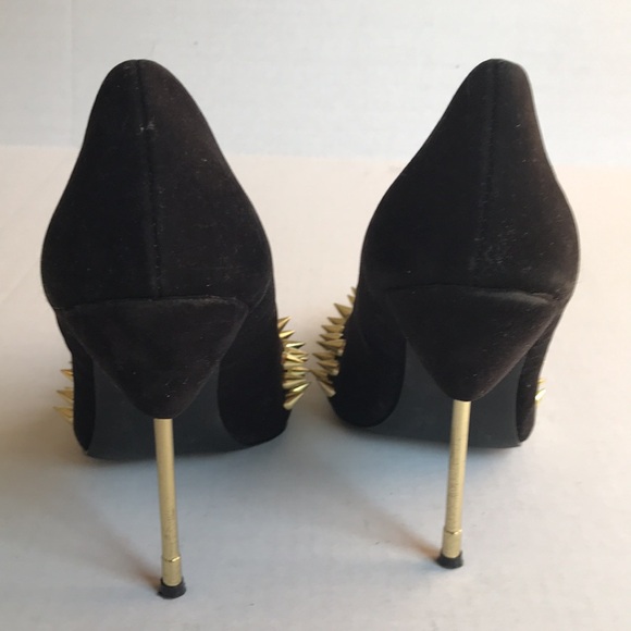 Penny Sue Black Faux Suede Shoe with Gold Spikes & Metallic 4.5 inch Heel - Picture 6 of 13